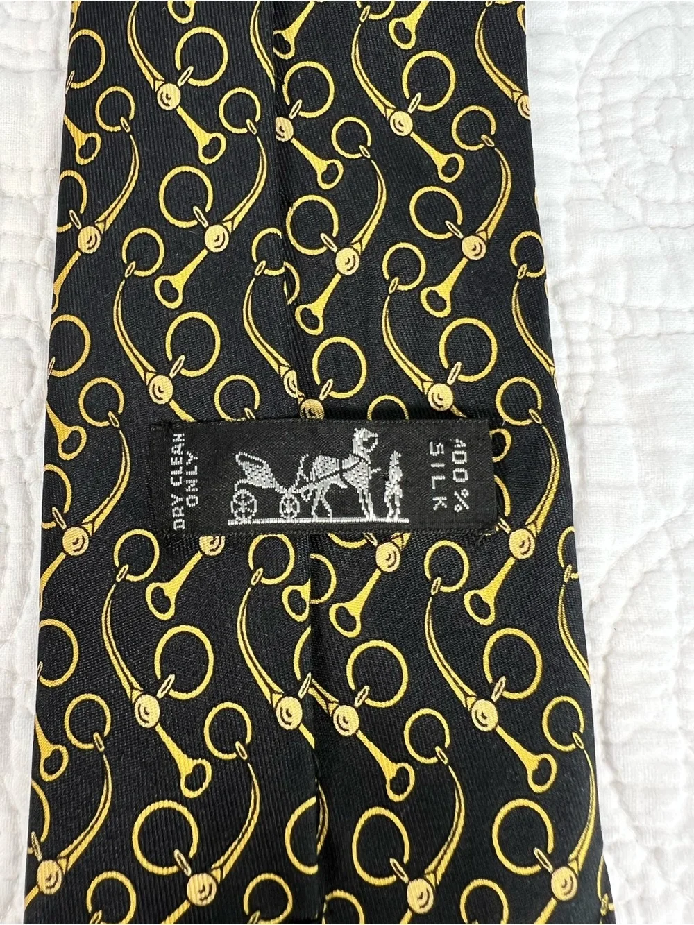 Vintage Hermès Silk Tie 643 TA Black Gold Horsebit Equestrian Scarf Print France